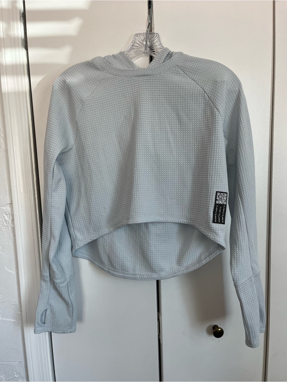 adidas Light Blue Cropped Waffle-Knit Hooded Sweatshirt